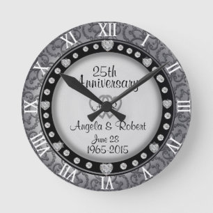 Reloj Redondo Mediano Monograma del 25° Aniversario del Boda de Plata