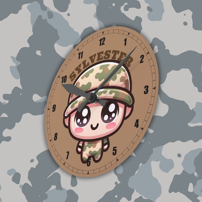 Reloj Redondo Mediano Monograma del ejército kawaii sobre marrón | (Subido por el creador)