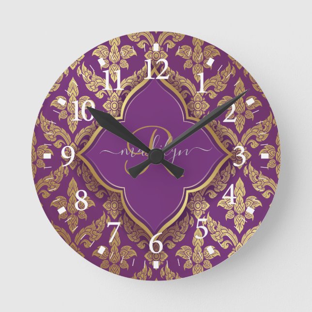 Reloj Redondo Mediano Monograma del patrón de Damasco Royal Purple Gold (Anverso)