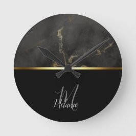 Reloj Redondo Mediano Monograma dorado de mármol negro