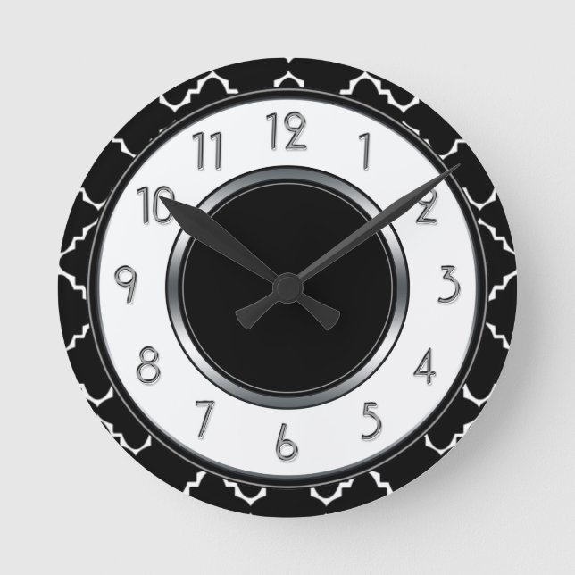 Reloj Redondo Mediano Monograma elegante de quatrefoil - Blanco negro (Anverso)