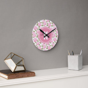 Reloj Redondo Mediano Monograma elegante del patrón de las flores de hid