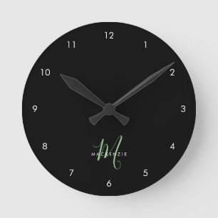 Reloj Redondo Mediano Monograma elegante moderno de escritura verde negr