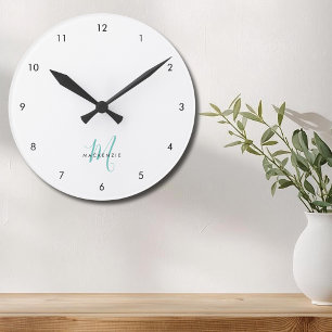 Reloj Redondo Mediano Monograma elegante moderno en blanco y verde azula