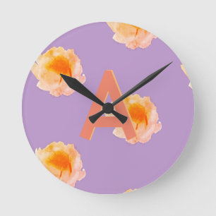 Reloj Redondo Mediano Monograma Engranaje Floral Inicial Lilac