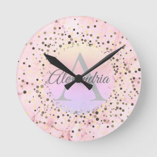 Reloj Redondo Mediano Monograma Específico de Mármol Rosa Personalizado