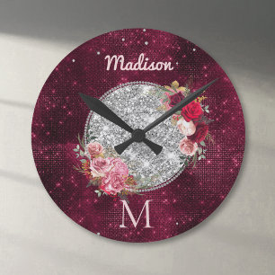 Reloj Redondo Mediano Monograma floral de color burgundy con brillo plat