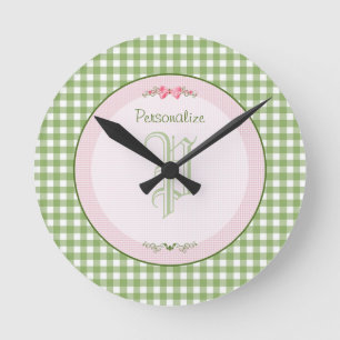 Reloj Redondo Mediano Monograma Girly Green Gingham Con Nombre