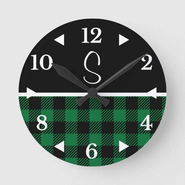 Reloj Redondo Mediano Monograma Granja de Buffalo Verde Negro Plaid (Anverso)