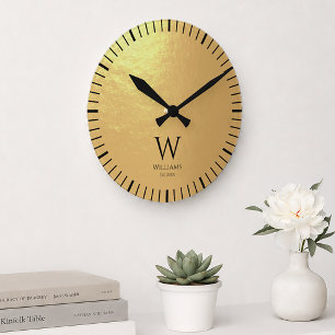 Reloj Redondo Mediano Monograma Hoja de Oro Falso Negro Nombre Inicial P