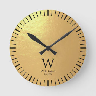 Reloj Redondo Mediano Monograma Hoja de Oro Falso Negro Nombre Inicial P