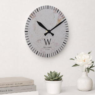 Reloj Redondo Mediano Monograma Mármol Blanco Inicial Negra y Nombre Per