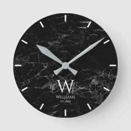 Reloj Redondo Mediano Monograma Mármol Negro Blanco Inicial & Nombre Per