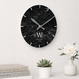 Reloj Redondo Mediano Monograma Mármol Negro Blanco Inicial & Nombre Per