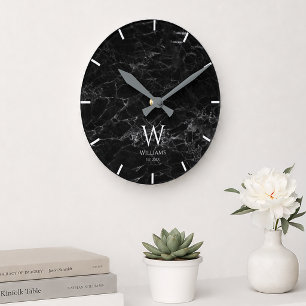 Reloj Redondo Mediano Monograma Mármol Negro Blanco Inicial & Nombre Per