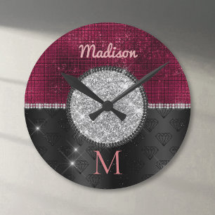 Reloj Redondo Mediano Monograma negro burlono Purpurina plateado burdeos