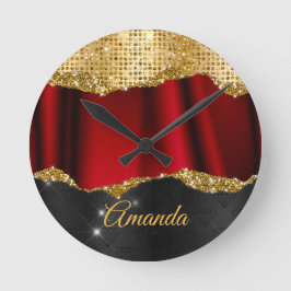 Reloj Redondo Mediano Monograma negro de oro rojo Purpurina falso elegan