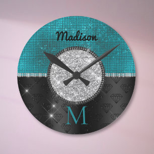 Reloj Redondo Mediano Monograma negro turquesa brillo plateado falso chi