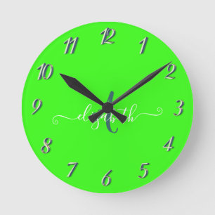 Reloj Redondo Mediano Monograma neón fluorescente verde