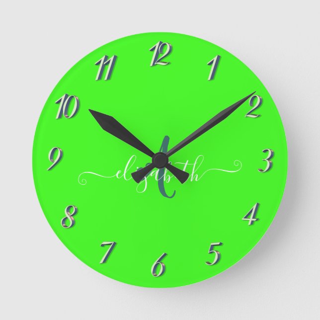 Reloj Redondo Mediano Monograma neón fluorescente verde (Anverso)