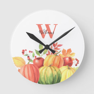 Reloj Redondo Mediano Monograma Nombre Calabaza otoñal