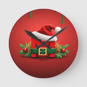 Reloj Redondo Mediano Monograma personalizado de Navidad M con sombrero
