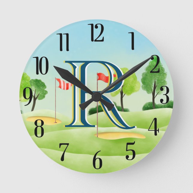 Reloj Redondo Mediano Monograma Personalizado del campo de golf (Anverso)