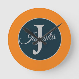 Reloj Redondo Mediano Monograma personalizado naranja gris azul Elegante