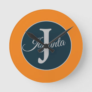 Reloj Redondo Mediano Monograma personalizado naranja gris azul Elegante