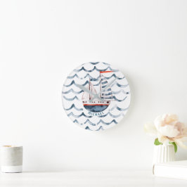 Reloj Redondo Mediano Monograma Rojo Y Azul Del Álbum De Acuarela