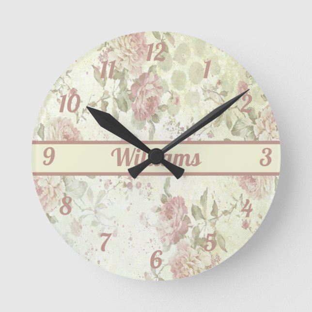 Reloj Redondo Mediano Monograma Shabby Chic Rosa Verde Rosa Floral  (Anverso)