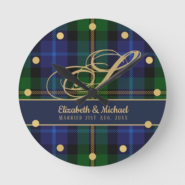 Reloj Redondo Mediano Monograma Smith Tartan Blue Green Gold Newlyweds (Anverso)