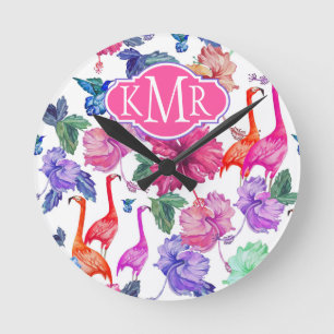 Reloj Redondo Mediano Monograma tropical del modelo el   de la acuarela