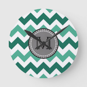 Reloj Redondo Mediano Monograma Turquesa y Mint Chevron Zigzag