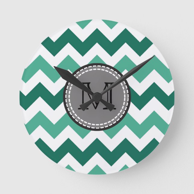 Reloj Redondo Mediano Monograma Turquesa y Mint Chevron Zigzag (Anverso)