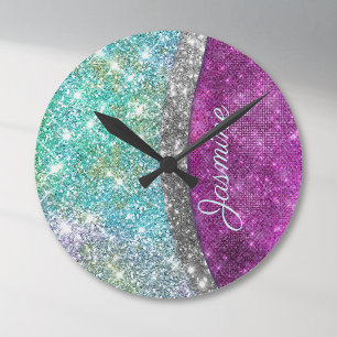 Reloj Redondo Mediano Monograma verde azulado de imitación violeta iridi