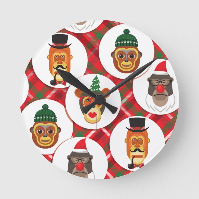 Reloj Redondo Mediano Monos hipster navidades (Anverso)