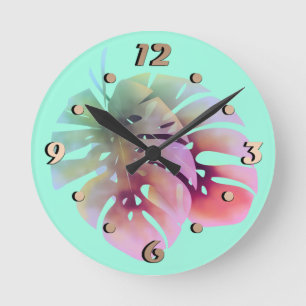 Reloj Redondo Mediano Monstruo tropical exótico verde hojas color agua e