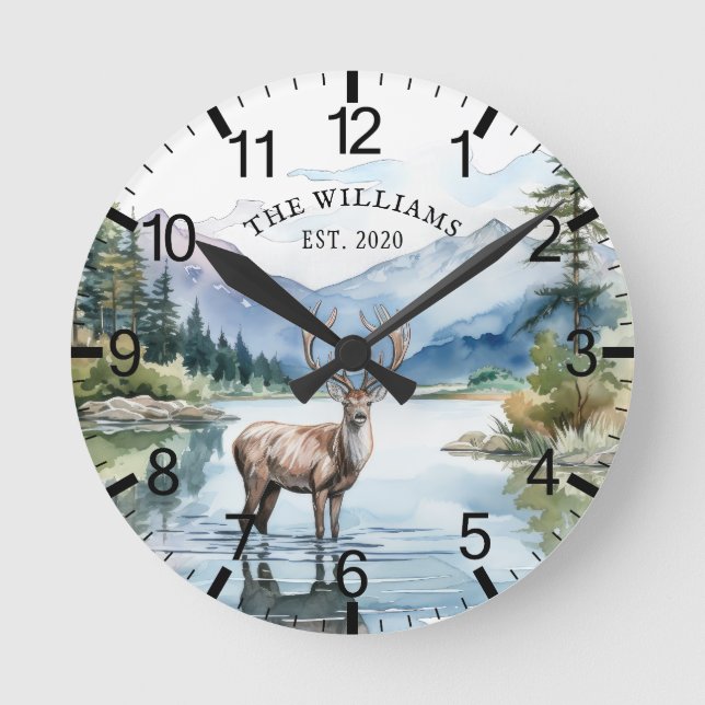 Reloj Redondo Mediano Montaña personalizada de ciervo rústico de cabina (Anverso)