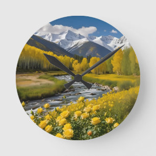 Reloj Redondo Mediano Montañas de Aspen del otoño amarillo nevado río