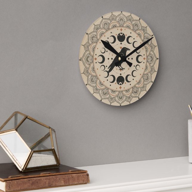 Reloj Redondo Mediano Moon Phase Raven Mandala (Celestial raven wall clock)
