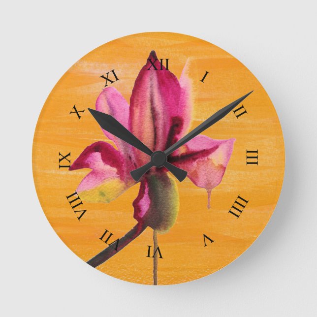 Reloj Redondo Mediano Morada Orquídea acuarela naranja flor de arte pop (Anverso)