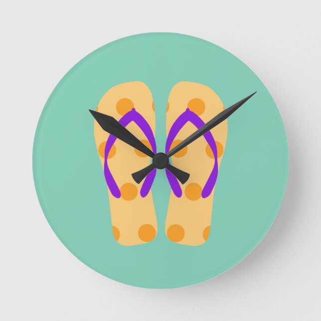Reloj Redondo Mediano Morado Naranja Amarillo Tema de playa Flip Flops (Anverso)