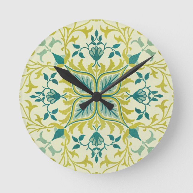 Reloj Redondo Mediano Morris Yellow Turquoise Vine & Flower Pattern (Anverso)