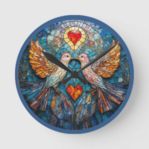 Reloj Redondo Mediano Mosaico Artístico de Aves y Corazones que Exhiben 