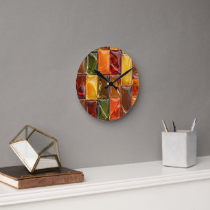 Reloj Redondo Mediano Mosaico de Baldosas de Vidrio de Otoño Cálido - Ám