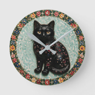 Reloj Redondo Mediano Mosaico de gato negro estilo antiguo