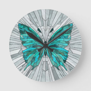Reloj Redondo Mediano Mosaico de mariposa -verde esmeralda y gris