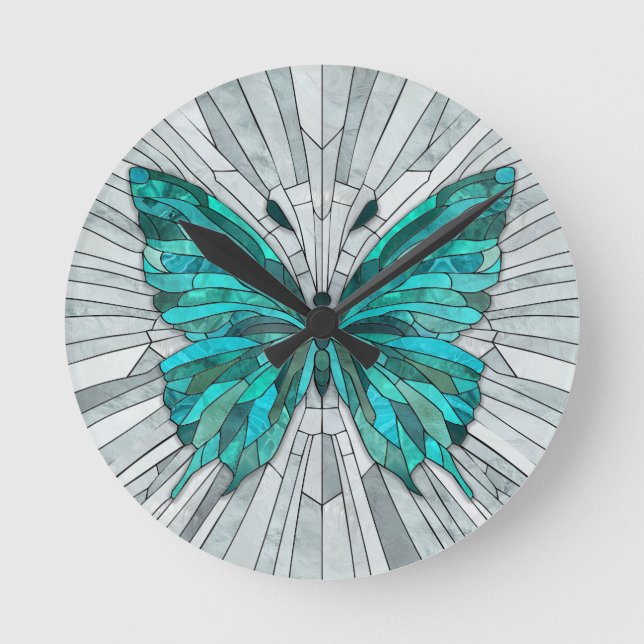 Reloj Redondo Mediano Mosaico de mariposa -verde esmeralda y gris (Anverso)
