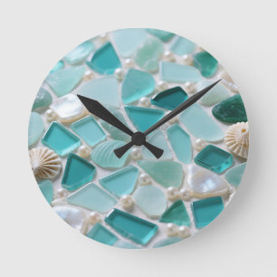 Reloj Redondo Mediano Mosaico de vidrio marino turquesa encanto costero